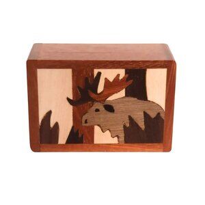 Vintage Moose Wood Trinket Box Handcrafted Philippines Souvenir Inlay Design